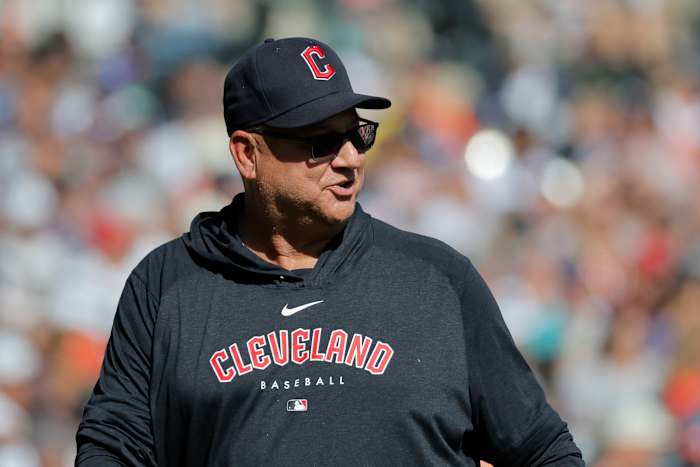 Sep 30, 2023; Detroit, Michigan, USA; Cleveland Guardians manager Terry Francona (77) walks off the field during the fifth inning against the Detroit Tigers at Comerica Park. Mandatory Credit: Rick Osentoski-USA TODAY Sports